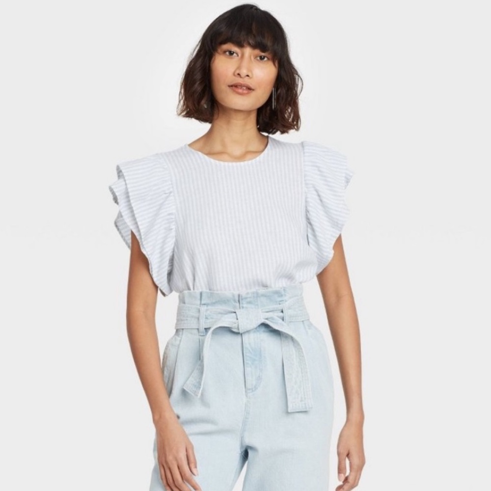 A New Day Linen Spring Blue White Striped Ruffled Sleeve Top Large